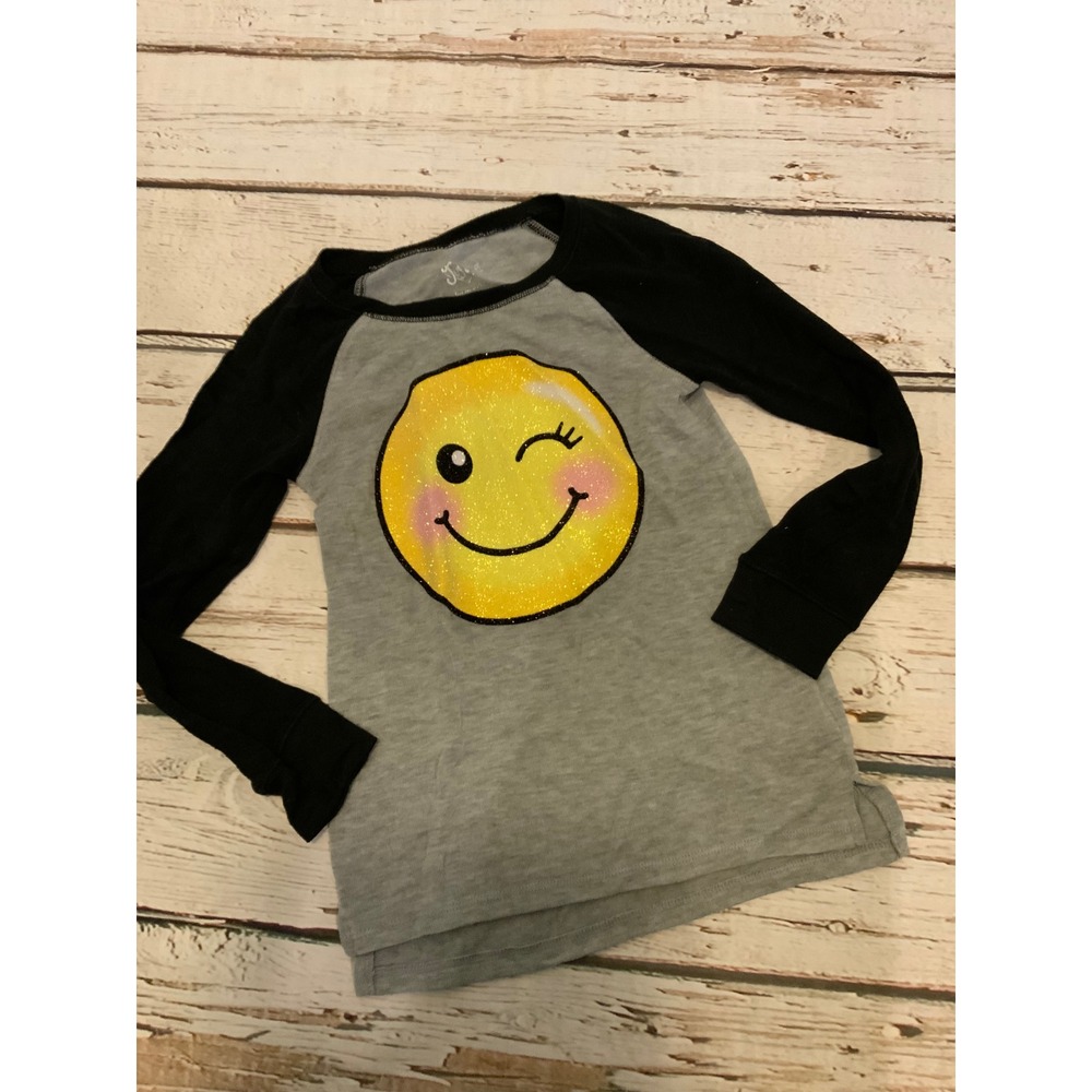 Justice Girls Size 7 Winking Smiley Face Glitter Raglan Long Sleeve Shirt Gray